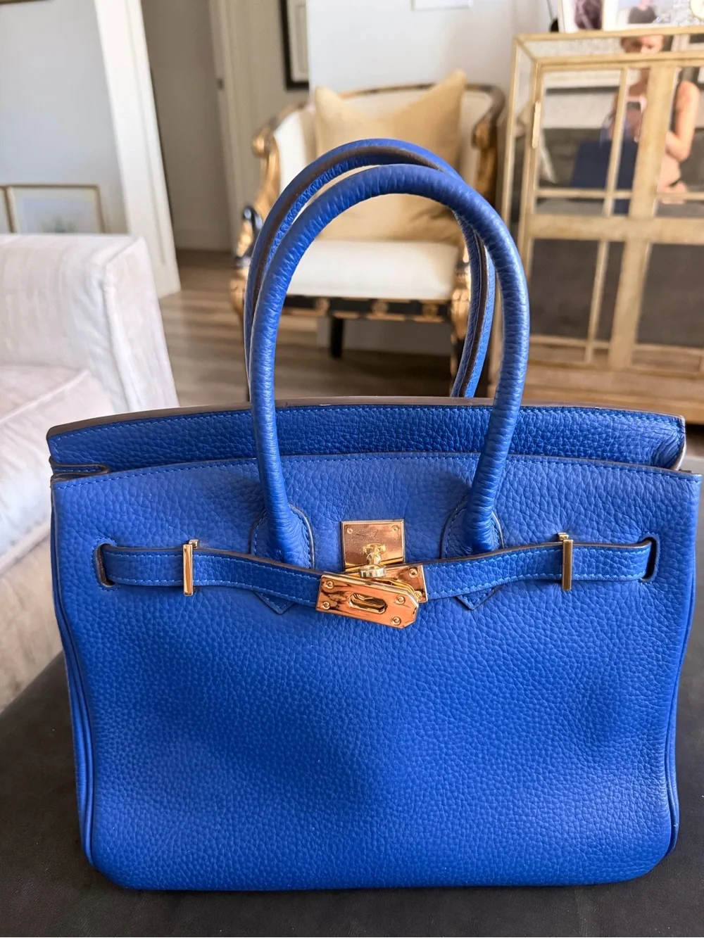 Classic Blue Pebbled Leather Top-Handle Satchel with Gold-Tone Hardware
